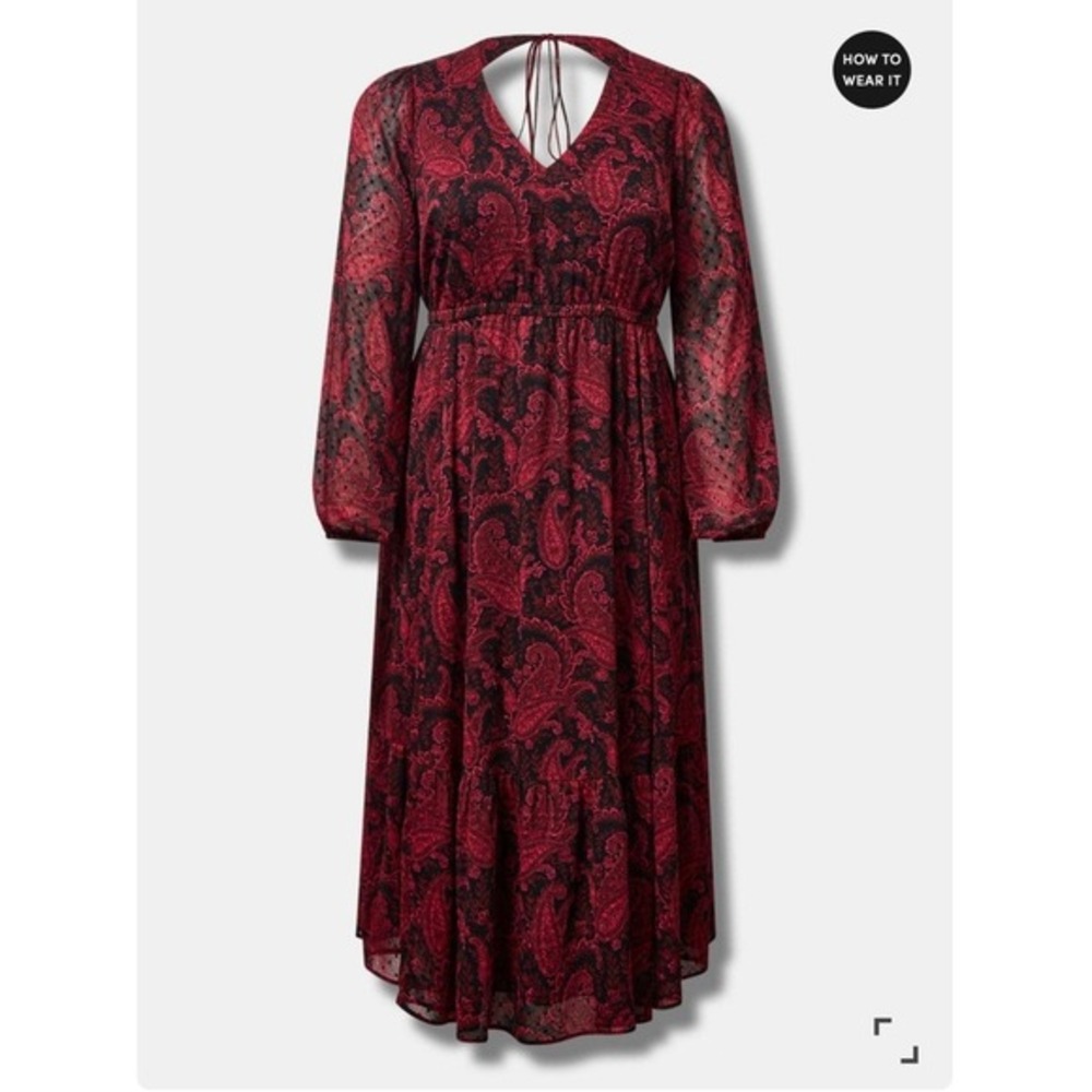 Torrid Midi Dress Tea Length Clip Dot Open Back A-Line Witchy 2 Paisley Black - Picture 5 of 11